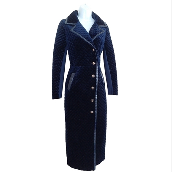 Vintage Women's Velvet Quilted Trench Coat Midnight Blue S/M - Picture 5 of 8